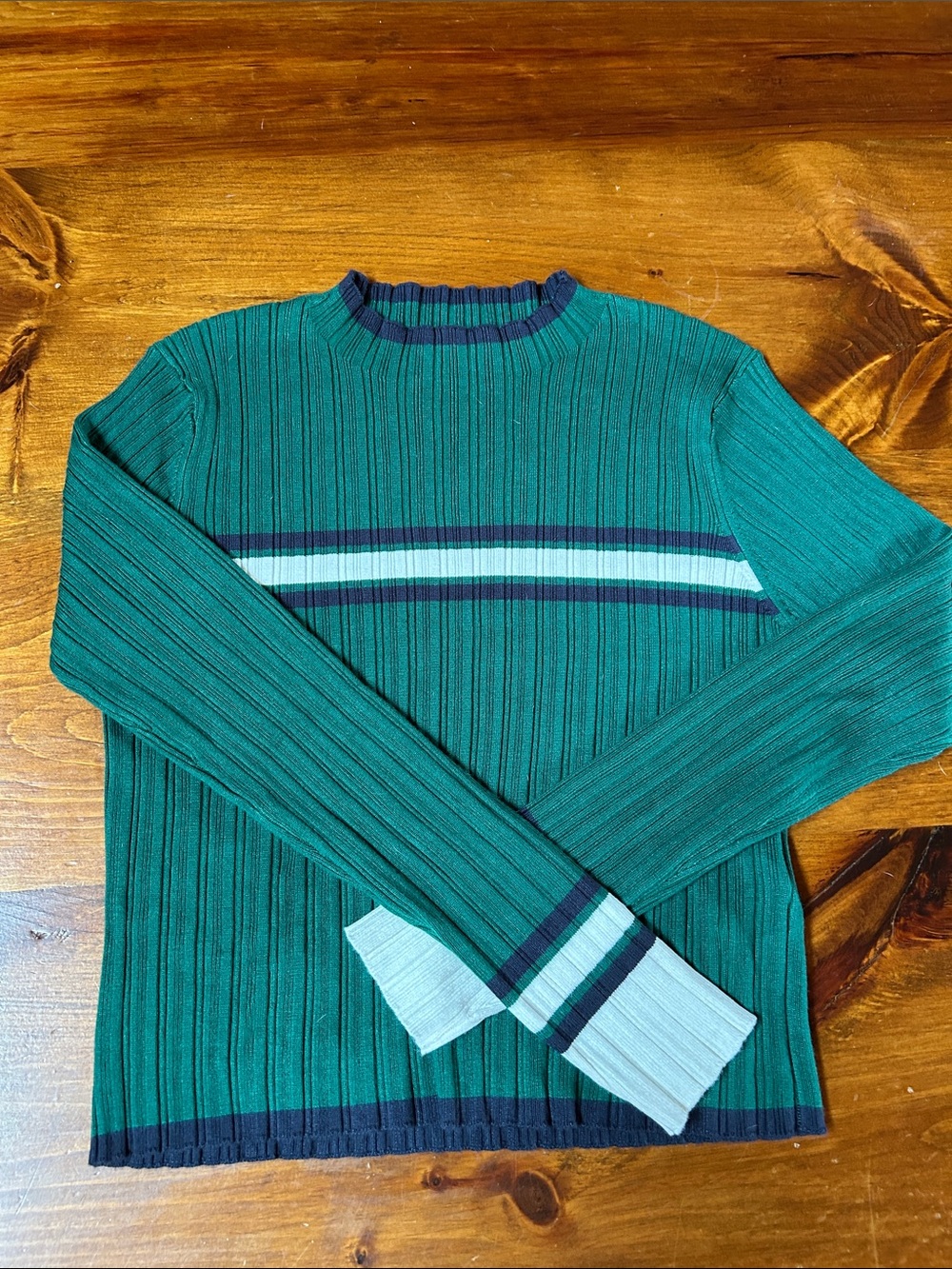 Joe Fresh Green Ribbed Crewneck Sweater with Stripe Detail